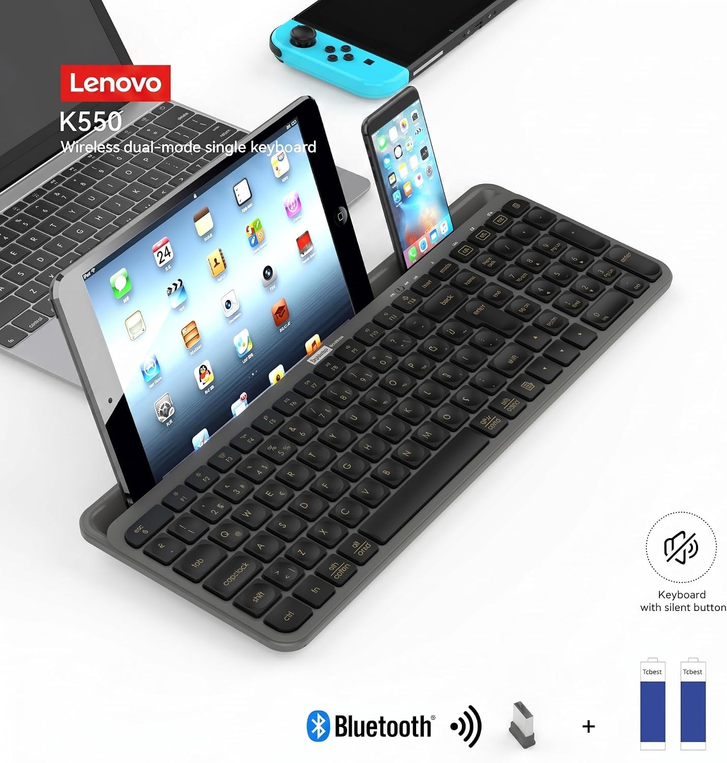 K550 Dual-Mode Kablosuz Klavye - Bluetooth + 2.4GHz, Entegre Tablet ve Telefon Standlı, Sessiz Tuşlar, Q Türkçe, Siyah