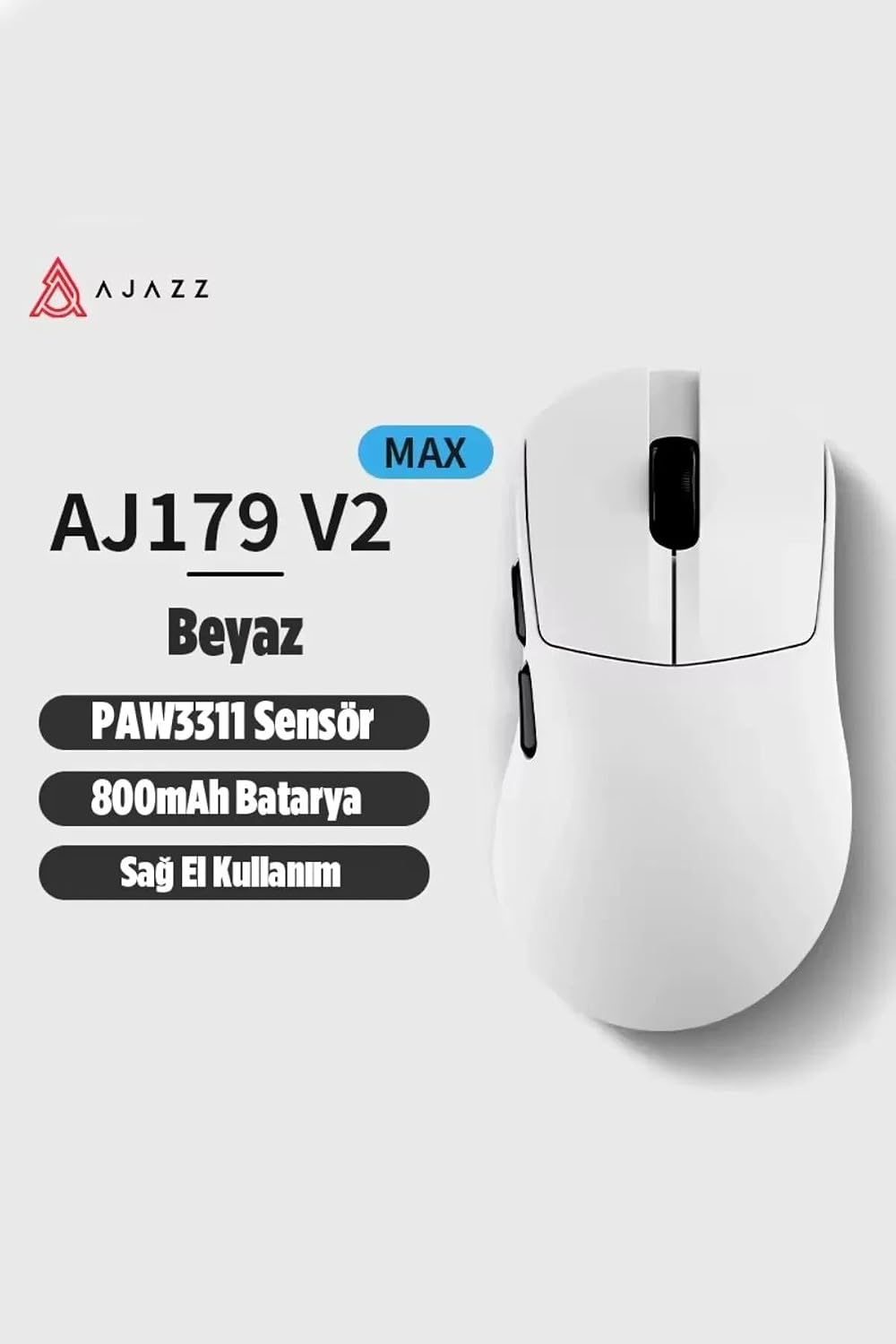 AJ179 V2 MAX Kablosuz Gaming Mouse 12000 DPI PAW3311 Sensör 2.4G + Bluetooth + USB 300IPS 35G 1000Hz 800mAh Ultra Hafif 56g Teflon Ayak Profesyonel Oyuncu Mouse (Beyaz)