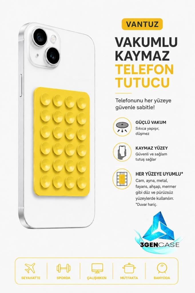 Cep Telefonu Tutucu Vantuzlu Vakumlu Kaymaz Tüm Telefonlar ile Uyumlu Yapışkanlı Telefon Tutucu Sarı