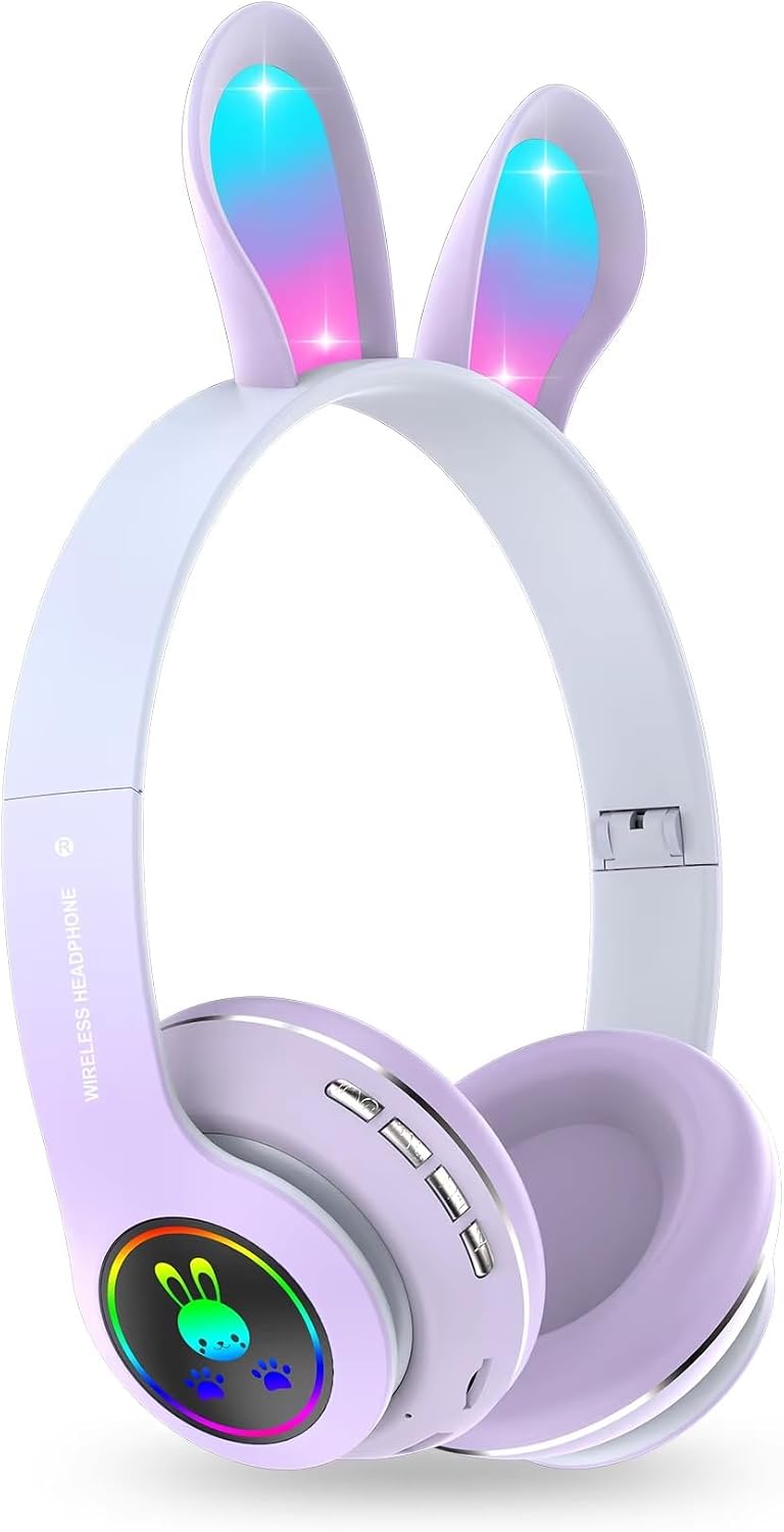Tavşan Kulaklı Bluetooth Kulaklık, Renkli LED Işıklı, 5.0 Versiyon, Ayarlanabilir Büyüklük, Hafıza Kart Girişli, 40mm Kulaklık, 6 Saat Kullanım Süresi, BASS TİZ MÜTHİŞ SES (LİLA MOR)