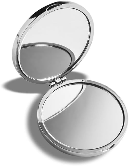 Yuvarlak Mini Metal Cep Aynası, Taşınabilir Makyaj Aynası, Gümüş Krom, 6.5cm, Katlanabilir, Modern