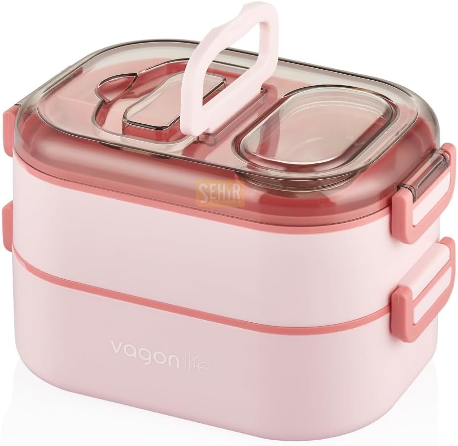 Vagonlife Bento 1000ml Lunchbox Çift Katlı 3 Bölmeli Çelik Sefer Tası Yemek Kutusu (Pembe)