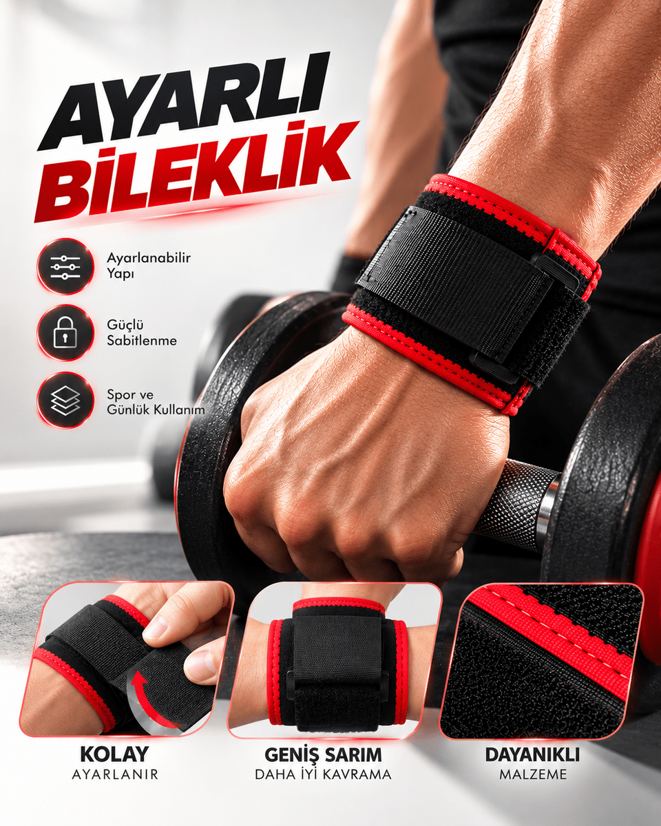 Ayarlı Bileklik Güçlü Cırt Cırtlı Sabitleme Geniş Sarım Siyah Kırmızı