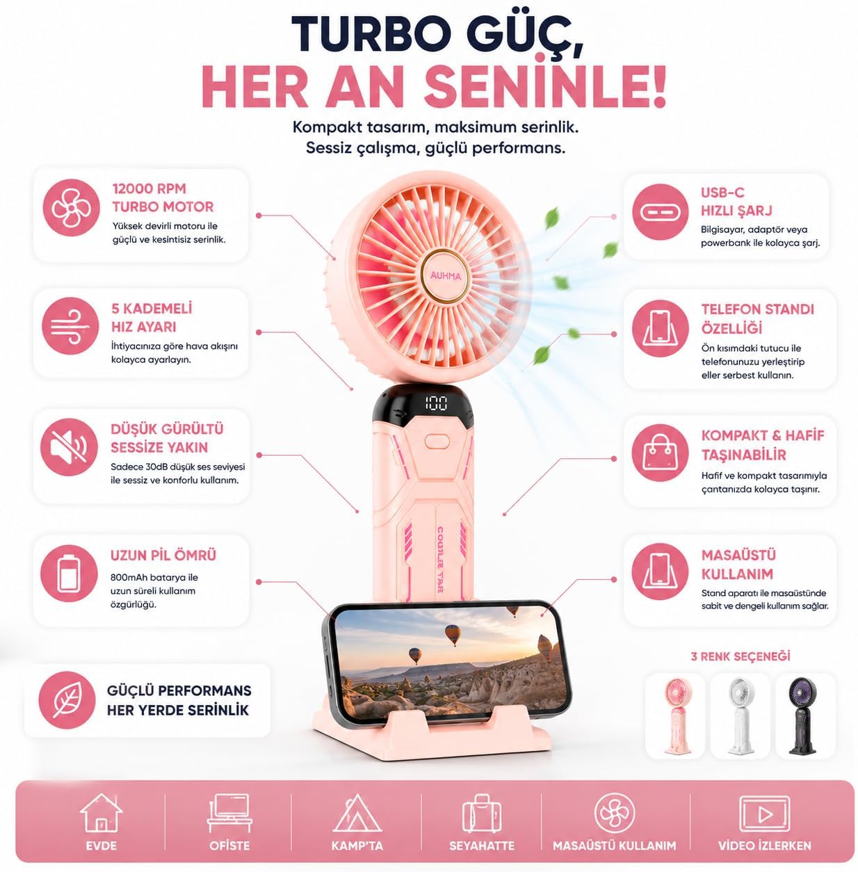 Şarjlı El Tipi Vantilatör, Telefon Standlı, 5 Kademeli Turbo Hava Akışı, USB-C Şarjlı, Taşınabilir Mini Masaüstü Fan
