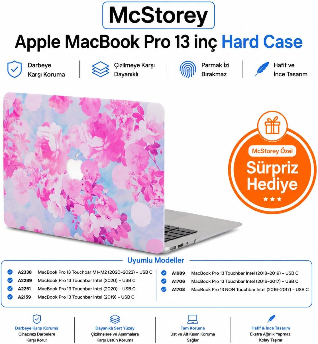 MacBook Pro 13 Kılıf A1706 A1708 A1989 A2159 A2251 A2289 A2338 M1 M2 Uyumlu Çiçek Desenli Hard Case TPU Koruyucu Kapak İnce Hafif Darbe Emici Çizilmez Mat Sert Laptop Kılıfı Flower 04