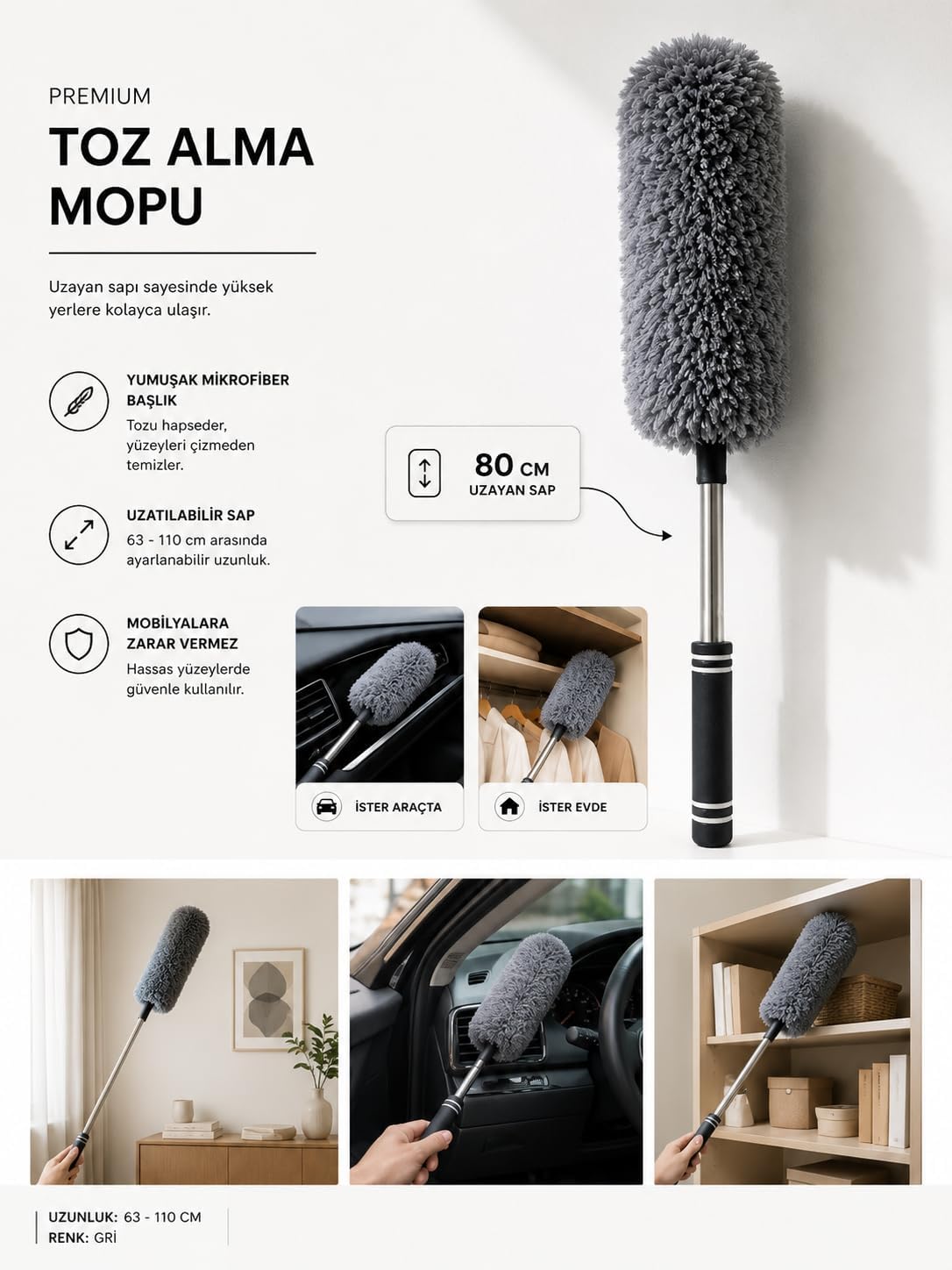 Krafz home Kaliteli Teleskopik Uzatılabilir Mikrofiber Yumuşak Başlıklı Toz Alma Fırçası, Püskülü Bükülebilir Dip Köşe Başlık, Boşluk Temizleme Ve Almak İçin Uzayabilir Fırça