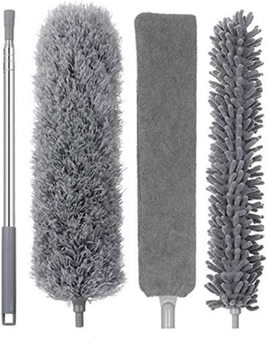 3 Başlıklı Teleskopik Mikrofiber Toz Alma Seti - 205 cm Uzayan Saplı, Esnek Bükülebilir Tavan ve Ulaşılması Zor Alan Temizlik Aparatı (Püskül, Makarna, Düz Başlık)