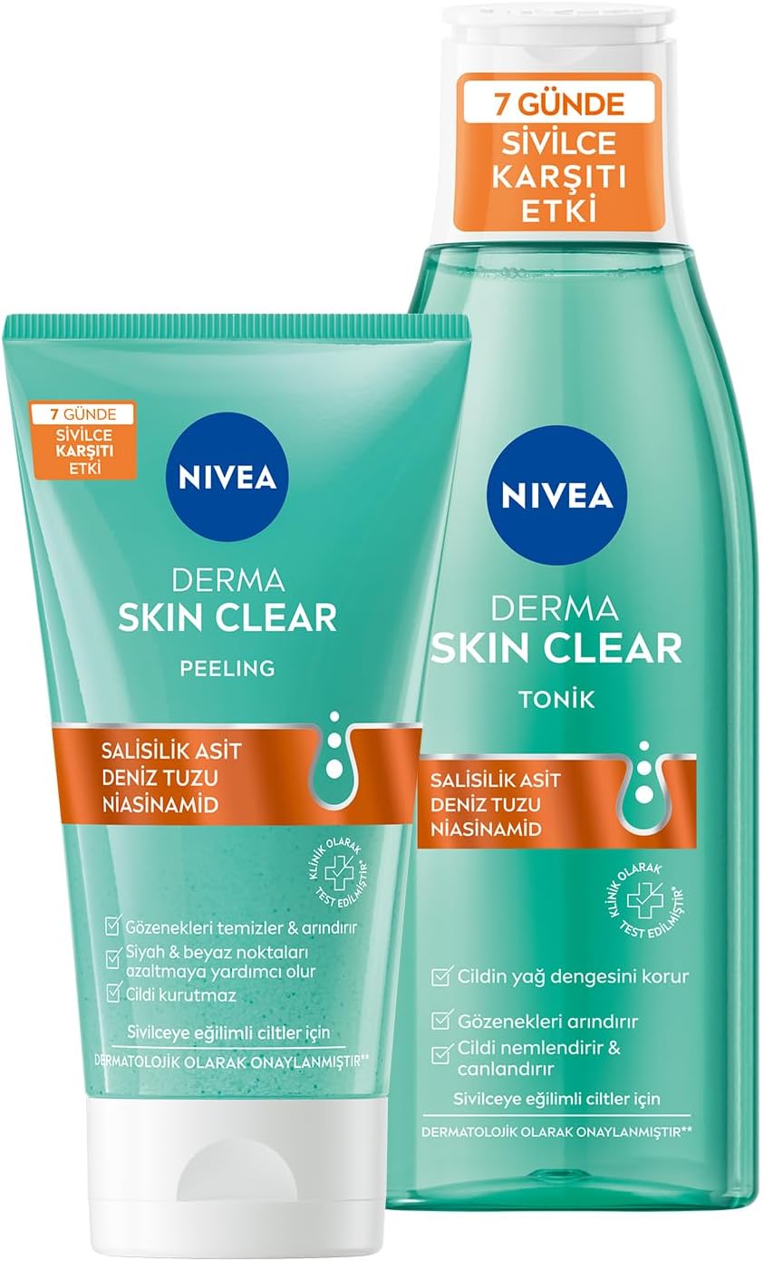 Derma Skin Clear Sivilce Karşıtı Yüz Temizleyici Peeling 150ml ve Nemlendirici Tonik 200ml, Yağlı Cilt, Salisilik Asit, Niasinamid, Deniz Tuzu, BHA