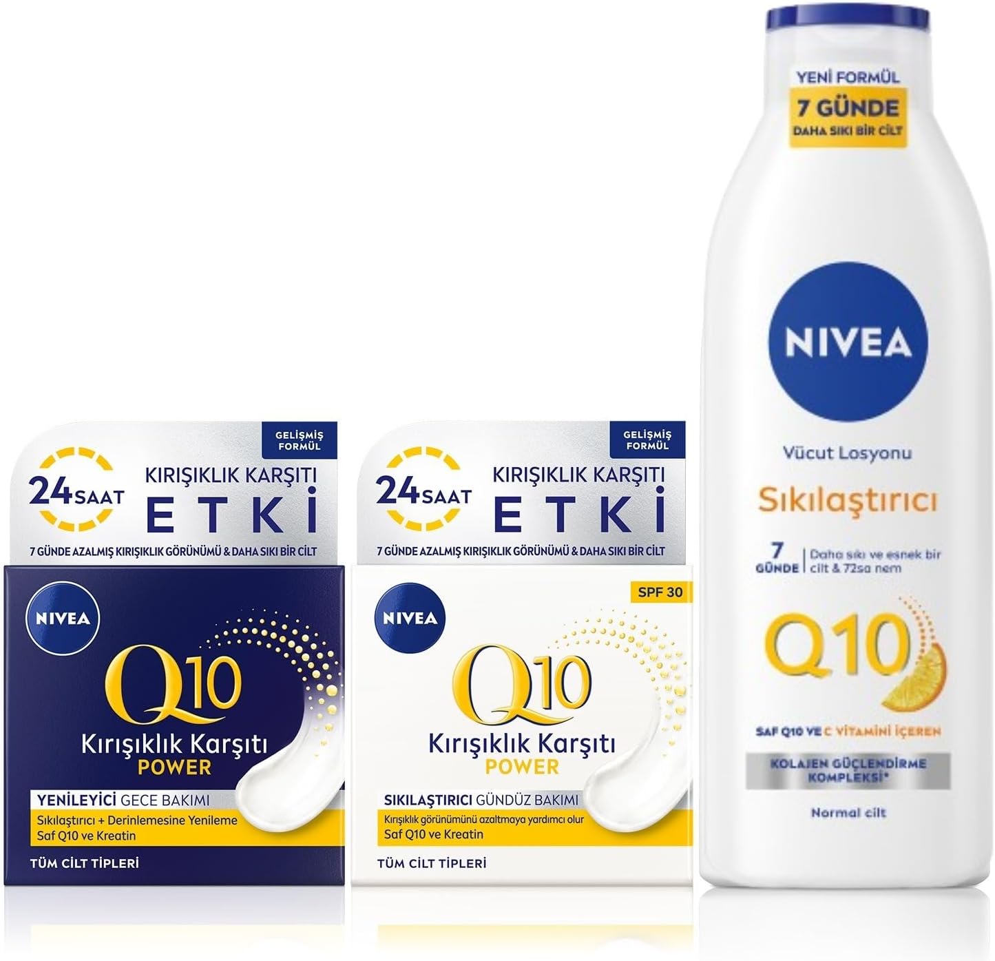 Q10 Power Kırışıklık Karşıtı SPF 30 Gündüz Yüz Bakım Kremi 50 ml ve Q10 Kırışıklık Karşıtı Gece Bakım Kremi 50ml ve Sıkılaştırıcı Vücut Losyonu 250 ml