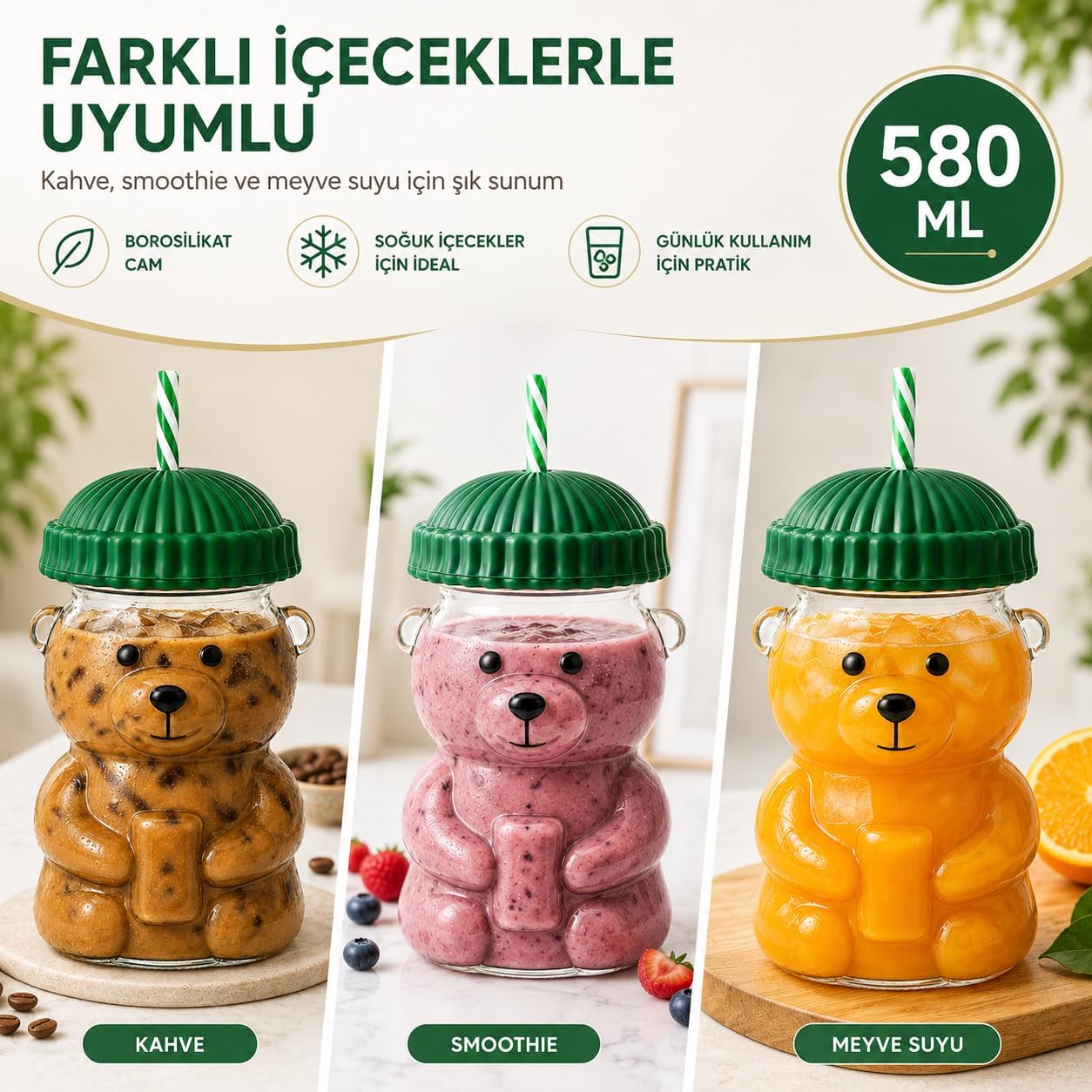 SOGUD Cam Bardak - 580 ml Pipetli Soğuk İçecek Bardağı - Borosilikat Cam Kupa - Ayıcıklı Figürlü Barista Kahve Bardağı - Smoothie Limonata Ice Tea Kokteyl ve Meyve Suyu İçin Yazlık Sunum(Asorti Renk)