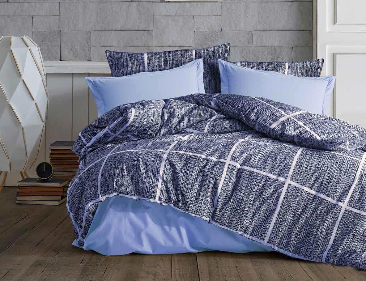 Lüks%80 Pamuklu Çift Kişilik Nevresim Takımı Seti Yorgan Kılıfı Mavi Lacivert Kare Beyaz Çizgi Desen 200x220 cm + Lastikli Battal Boy Çarşaf 180x200x30 cm +2 Yastık Kılıflı 50x70 cm