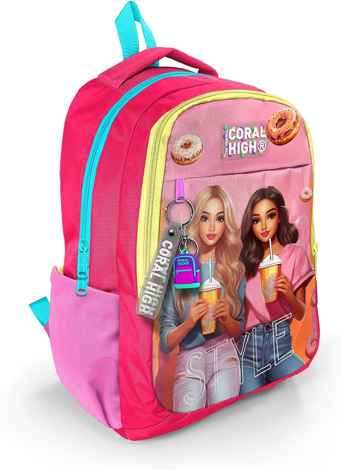 Kids Pembe Neon Mercan Fashion Girl Desenli Üç Bölmeli Okul Sırt Çantası 23669
