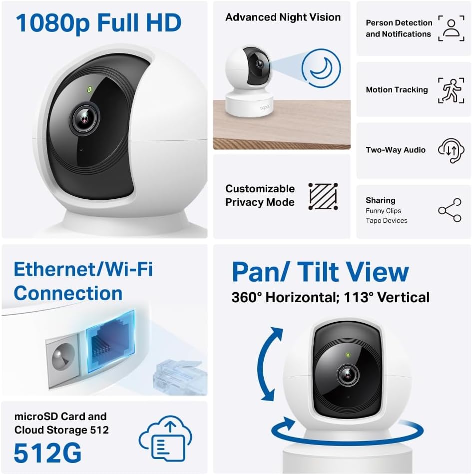 C202, 1080P Full HD, Hareket Tespit ve Takibi, 360°, 9m Gece Görüşü, Çift Yönlü Ses, Alarm, Bulut/Yerel Depolama, Bebek Ağlaması Tespiti, İç Mekan Ethernet/Wi-Fi Güvenlik Kamerası