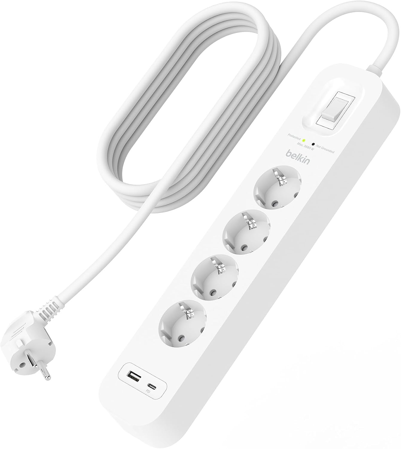 4'lü çoklu priz, yüksek gerilim korumalı, duvara montaj, 4 priz, 2 m güç kablosu, yeşil ışıklı gösterge, hızlı şarj için USB C PD’li USB-C ve USB-A bağlantısı; 525 jul koruma