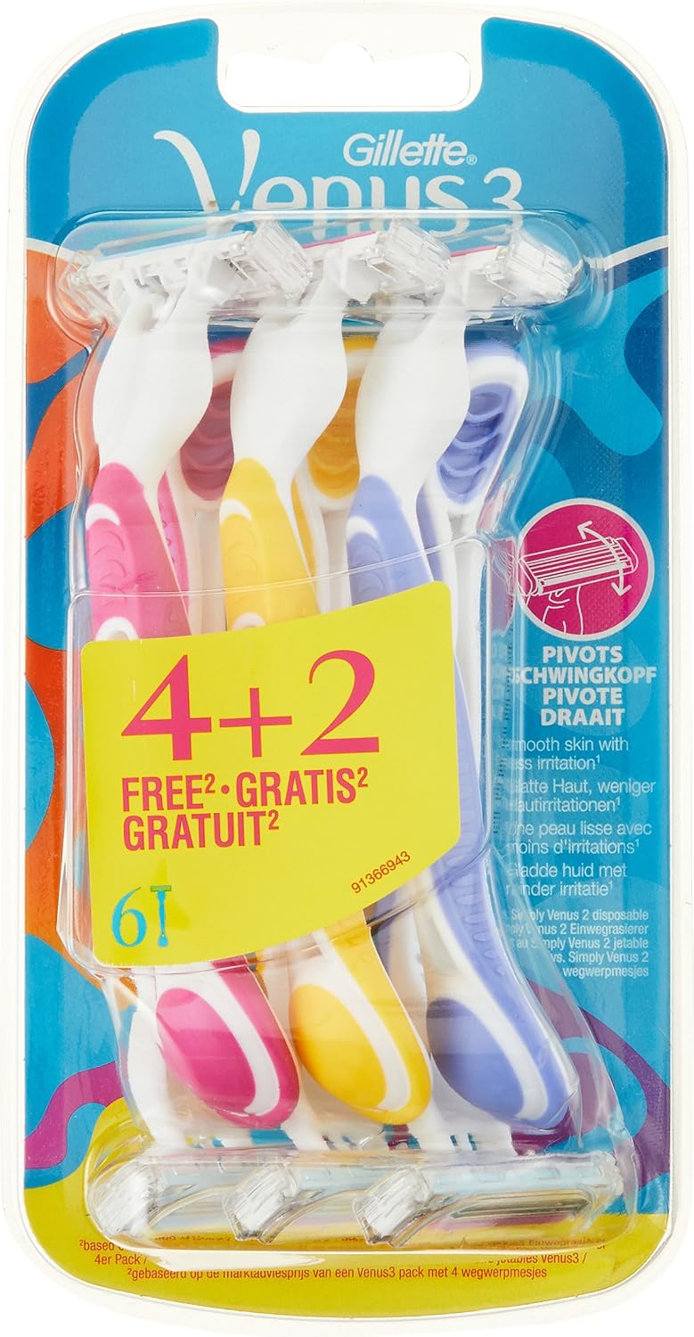 Venus Gilette Simply Venus3 Tek Kullanımlık Kadın Tıraş Makinesi, Çok Renkli, 6 Adet