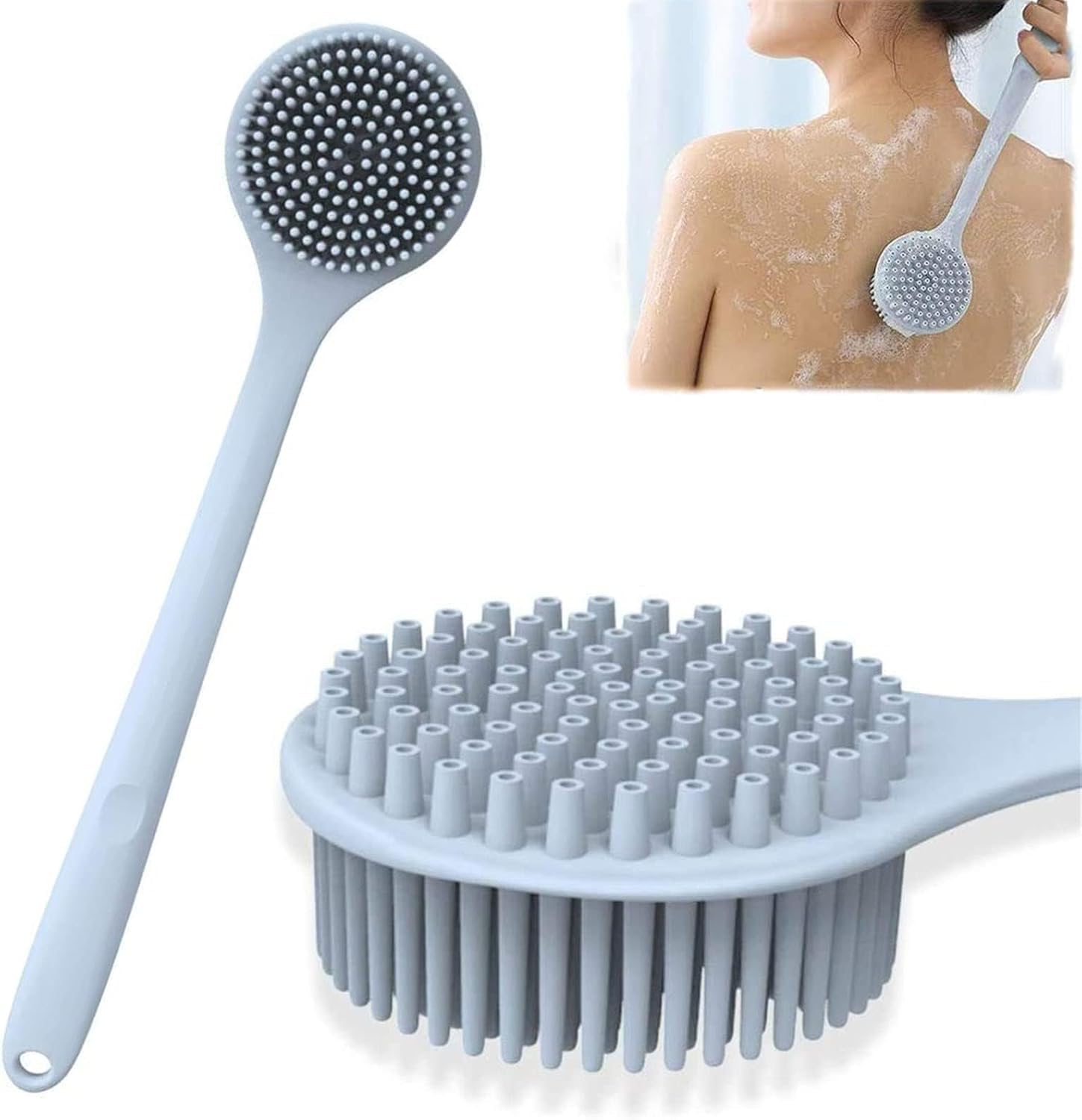 Silikon Vücut Temizleyici, Uzun Saplı Banyo Duş Fırçası, BPA İçermeyen Çift Taraflı Sırt Temizleyici Fırça, Cilt Peelingi ve Masajı için Duş Fırçası Temizleyici