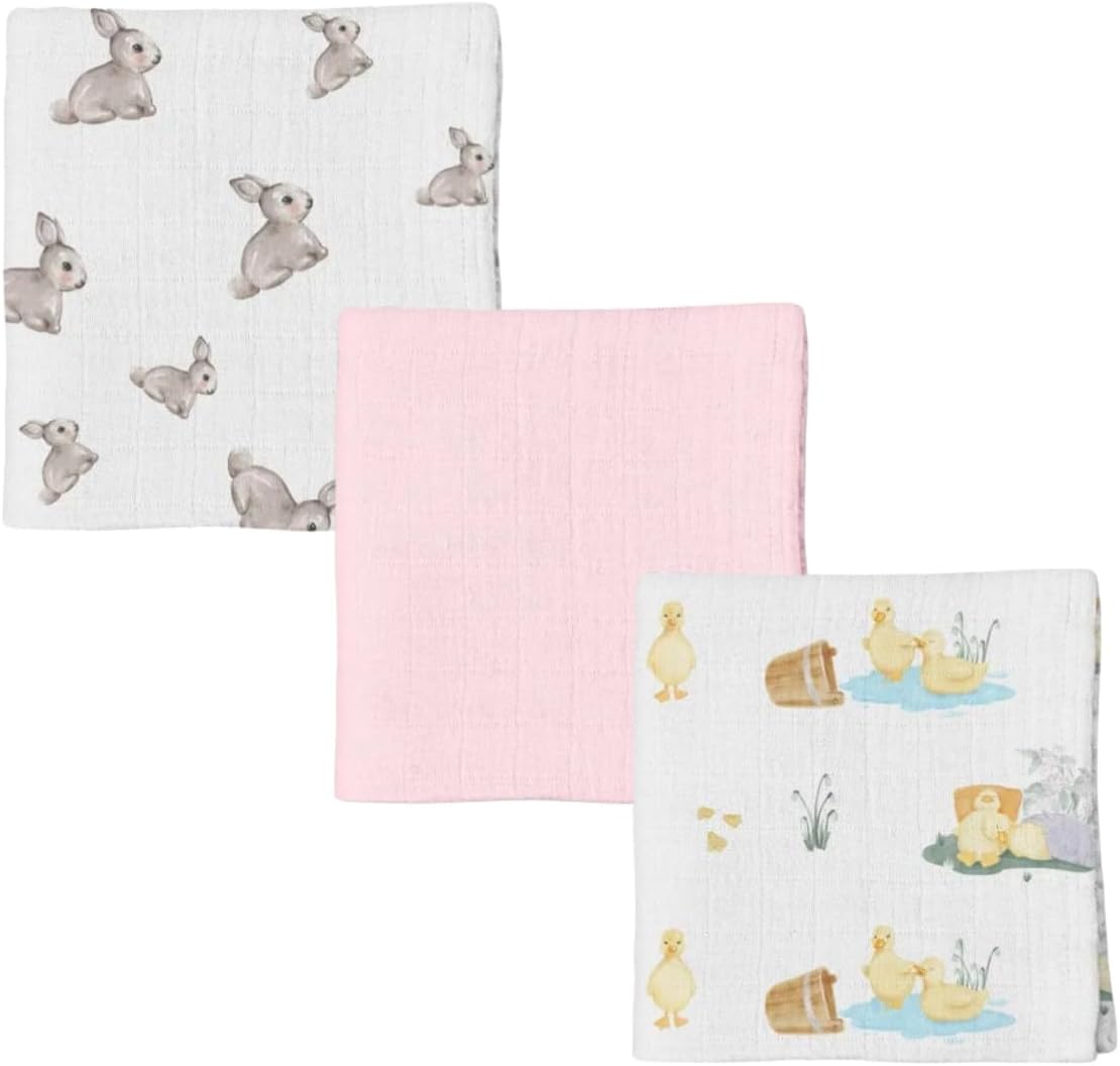 % 100 Pamuk 3'lü Müslin Bebek Örtüsü Iconıque Lapin & Petits Canetons & Innocent Pink 100x100 THROW3PACK1004