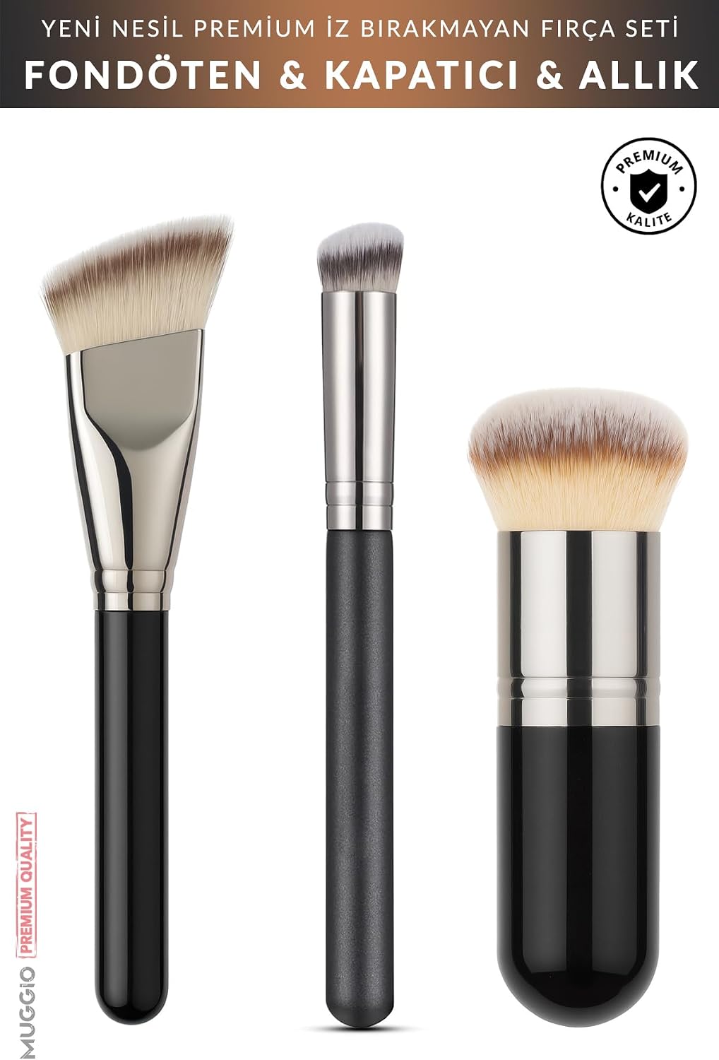 Trio Sentetik Kıllı Makyaj Fırça Seti, Fondöten, Kapatıcı ve Allık Kabuki Fırçası, 3'lü Set