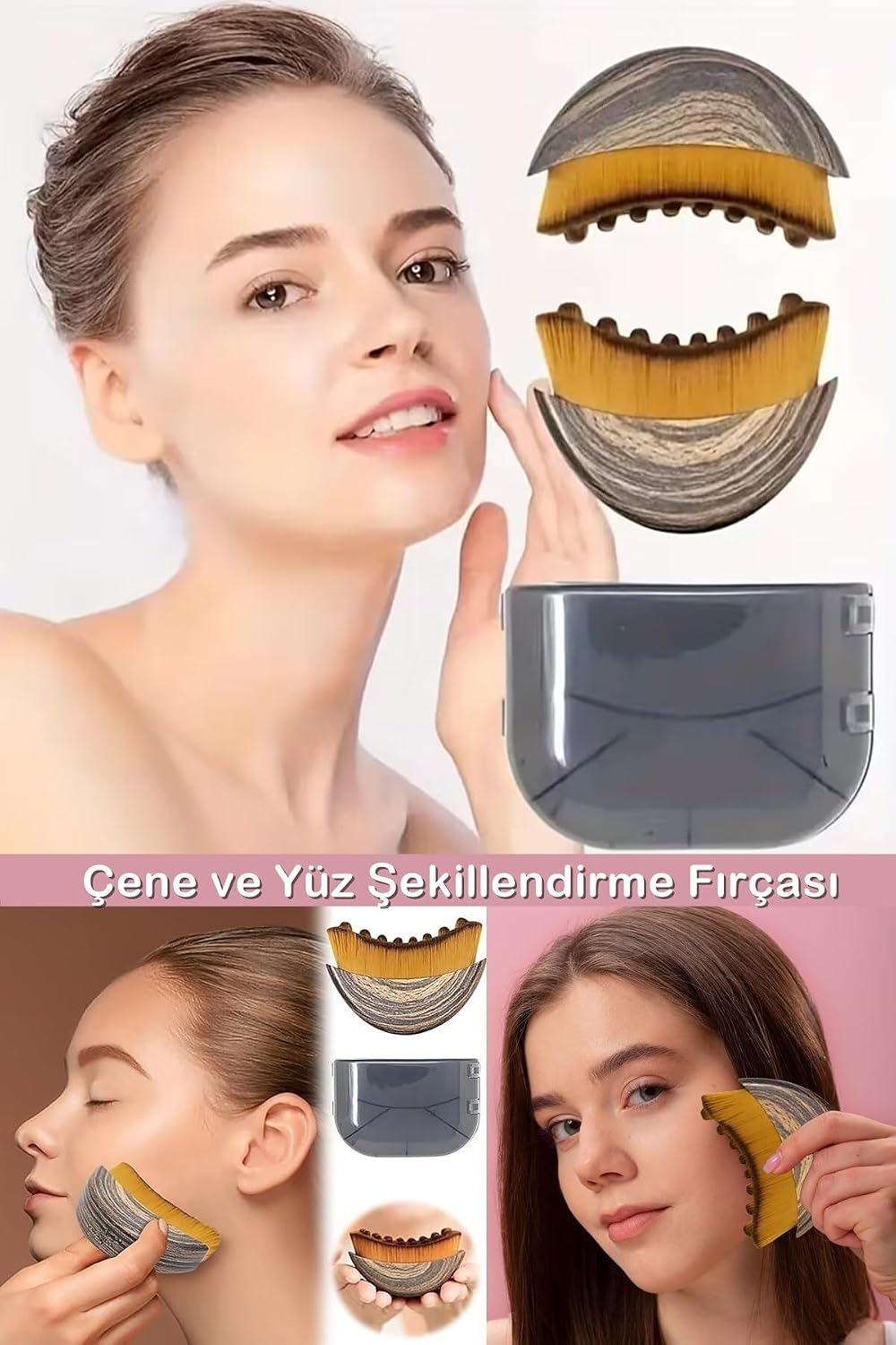 Lenf Drenaj ve Çene Şekillendirme Fırçası Çok Fonksiyonlu Yumuşak Masaj Aleti Gıdı Toparlayıcı Ergonomik Ahşap Görünümlü Yüz Masajı ve Kusursuz Makyaj Fırçası (Saklama Kutulu)