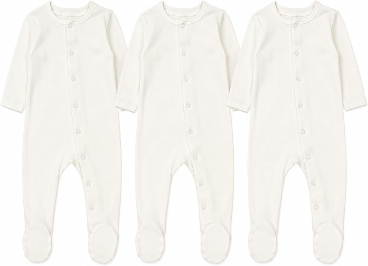 3'lü Yenidoğan Bebek Tulumu, 0-3 Ay Unisex Ekru Organik Pamuk Tulum Seti