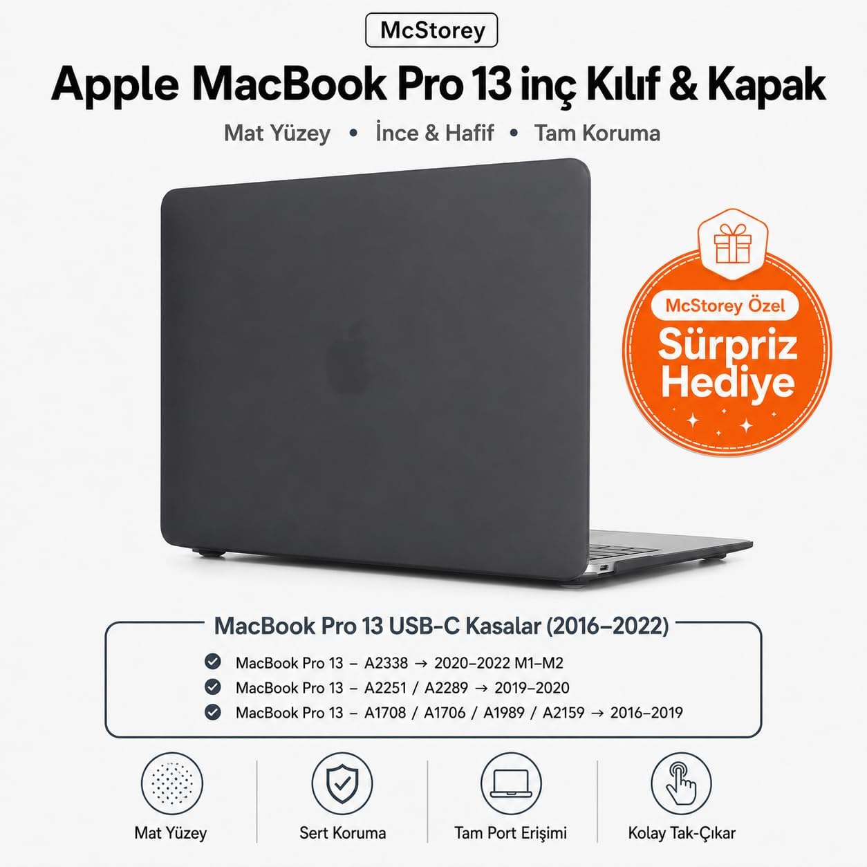 MacBook Pro 13 İnç M1 M2 Kılıf A2338 Uyumlu | Mat Sert Koruyucu Kapak Hard Case | A1706 A1708 A1989 A2159 A2251 A2289 Uyumlu İnce Hafif Buzlu Laptop Kılıfı Siyah