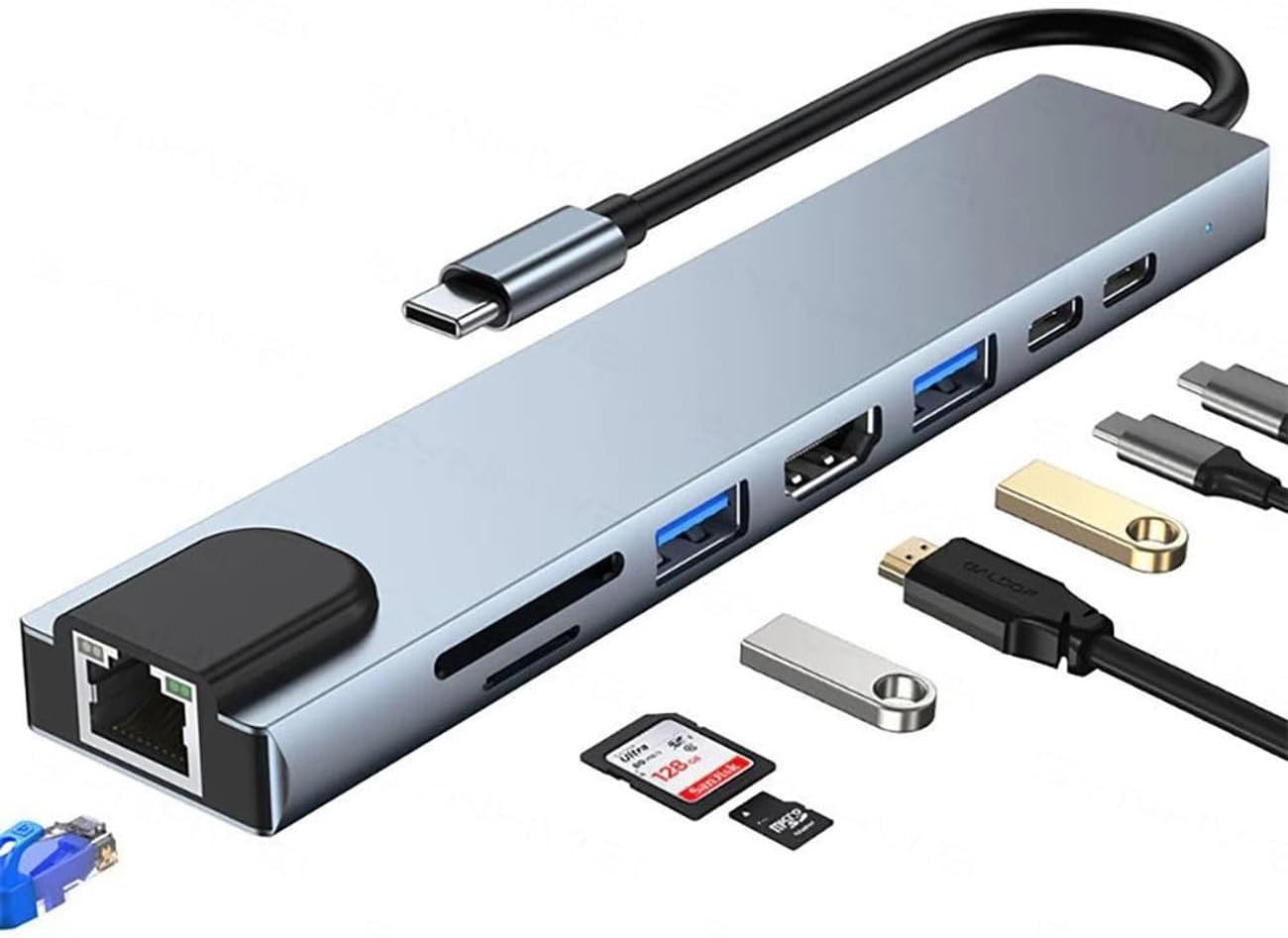8 in 1 Type C to 2 Port USB 3.0 2 SD Kart TF Kart HDMI RJ45 2PD Kablolu Adaptör iphone 15 Serisi Uyumlu Type C Girişli Android Cihazlara Uyumlu ZR38