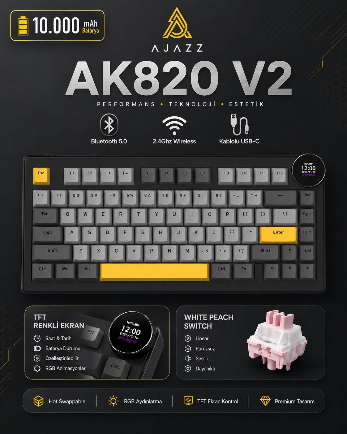 Ajazz AK820 V2 White Peach Switch Kablosuz Manyetik Oyuncu Klavyesi 8K Hz 0.01mm RT 0.125ms Gecikme TFT Ekran 10000mAh RGB Bluetooth 5.0 2.4GHz USB-C (AK820 V2 - Black Gray Yellow)
