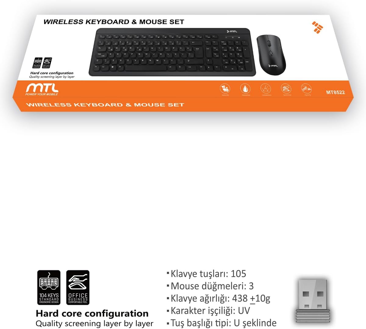 Kablosuz Klavye ve Mouse Seti - Ofis Kullanımı için İdeal Ergonomik Tasarım MT8522 Siyah ile uyumlu