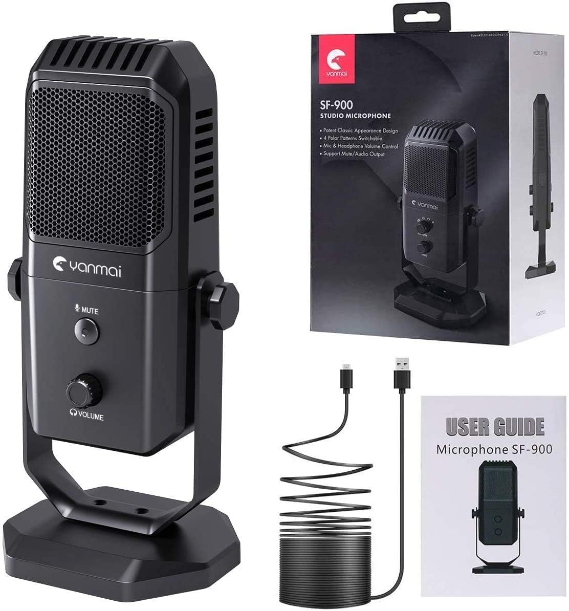 Yanmai Profesyonel USB Condenser Mikrofon – 4 Yönlü Direktif, 20Hz-20KHz Frekans, Kulaklık Çıkışı, Tek Tuş Sessize Alma, Ses Ayarı, 15mm Stand Uyumlu SF-900