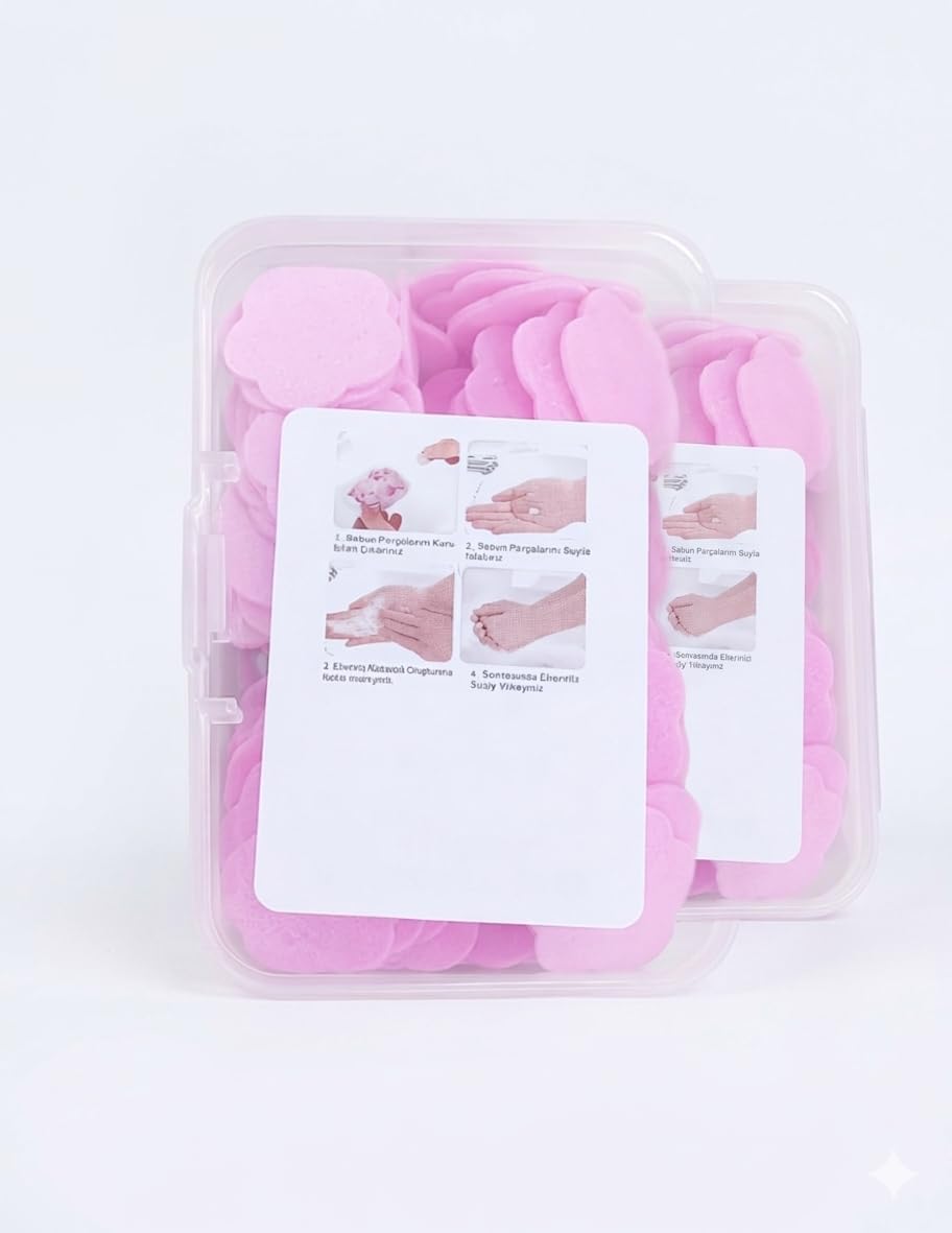 Sihirli Kağıt Sabun – Taşınabilir Tek Kullanımlık Sabun Yaprakları, Cep Boy Mini, Seyahat Kamp ve Günlük Kullanım İçin Pratik Sabun (2'li Pembe)