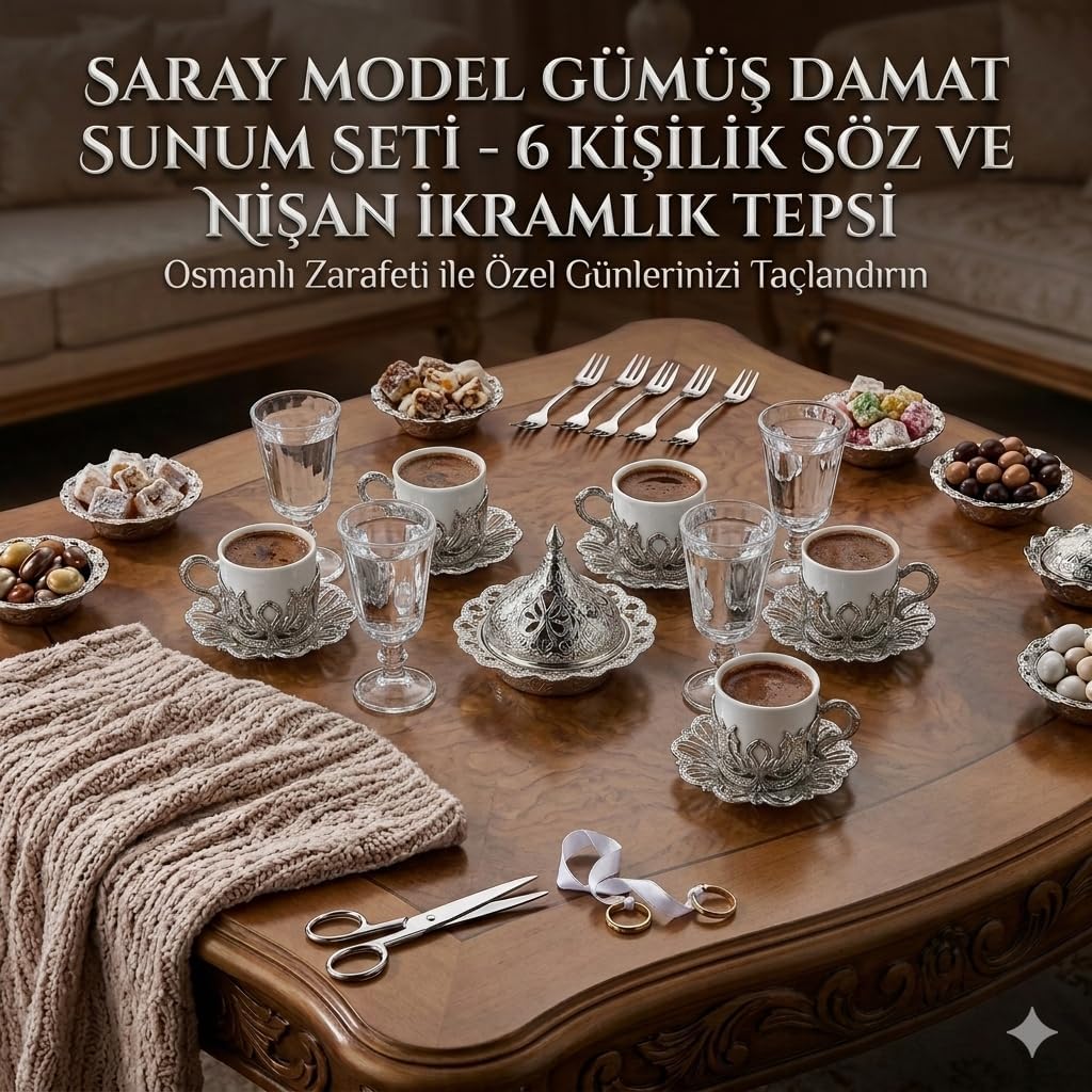 Osmanlı Saray Model Gümüş Damat Sunum Seti, 6 Kişilik, Söz ve Nişan İkramlık, Osmanlı Tarzı (Tepsi Dahil Değildir)