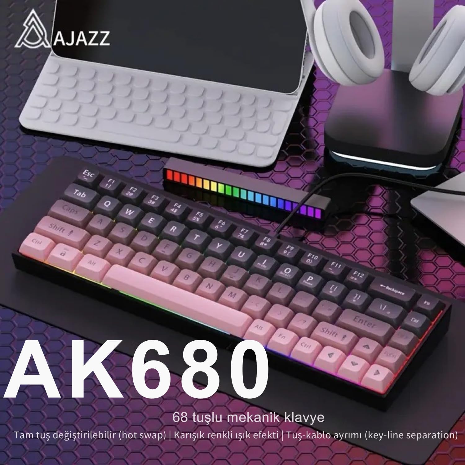 65% Kablolu Hotswap Mekanik Oyun Klavyesi,68 Tuşlu Taşınabilir Anti-Ghosting Klavye,Gökkuşağı Arkadan Aydınlatmalı Programlanabilir,Ergonomik, AJAZZ AK680 Pembe | Brown Switch