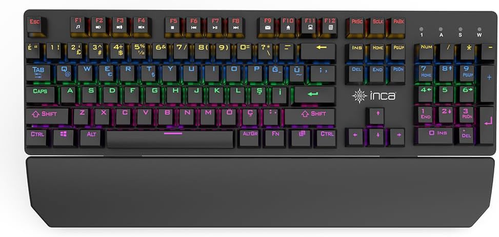 INCA IKG-445T PHALDOR RGB MECHANICAL GAMING KEYBORD, Blue Switch Mekanik Klavye,106 Tuş, 22 Farklı Led Aydınlatma Modu,50 Milyon Tuş Ömrü,Çıkarılabilir Bilek Desteği