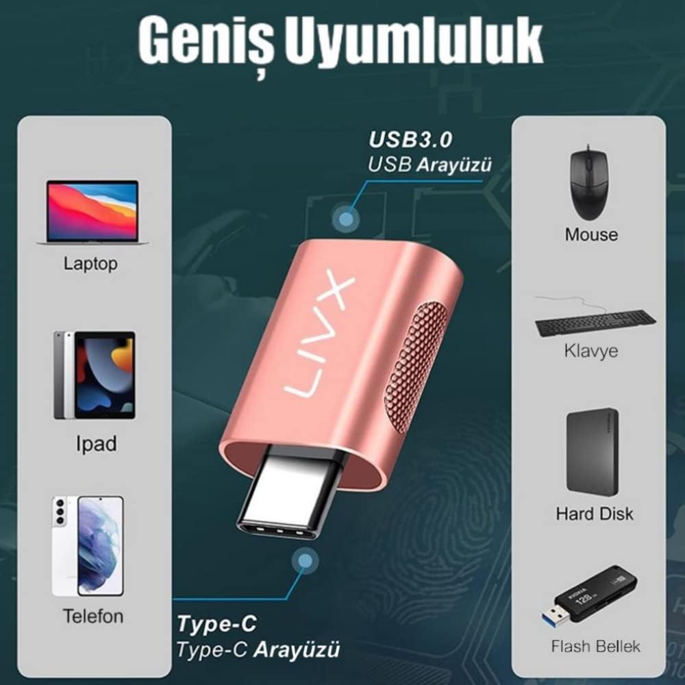USB 3.0 To Type-C Çevirici Dönüştürücü OTG Adaptör Rose Gold OTGRG İkili
