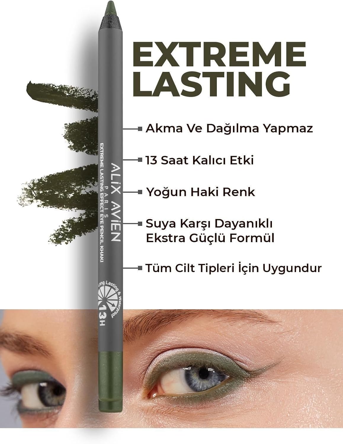 Uzun Süre Kalıcı Suya Dayanıklı Akma, Dağılma Yapmayan Yeşil Göz Kalemi - Extreme Khaki