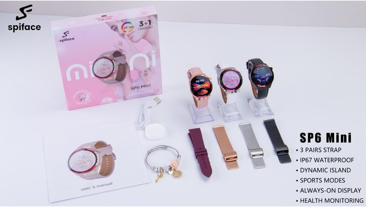 SP6 Mini Akıllı Saat, Süper AMOLED Ekran, 3 Kordon, IP67 Su Geçirmez, Pembe BBSP6WATCHPINK