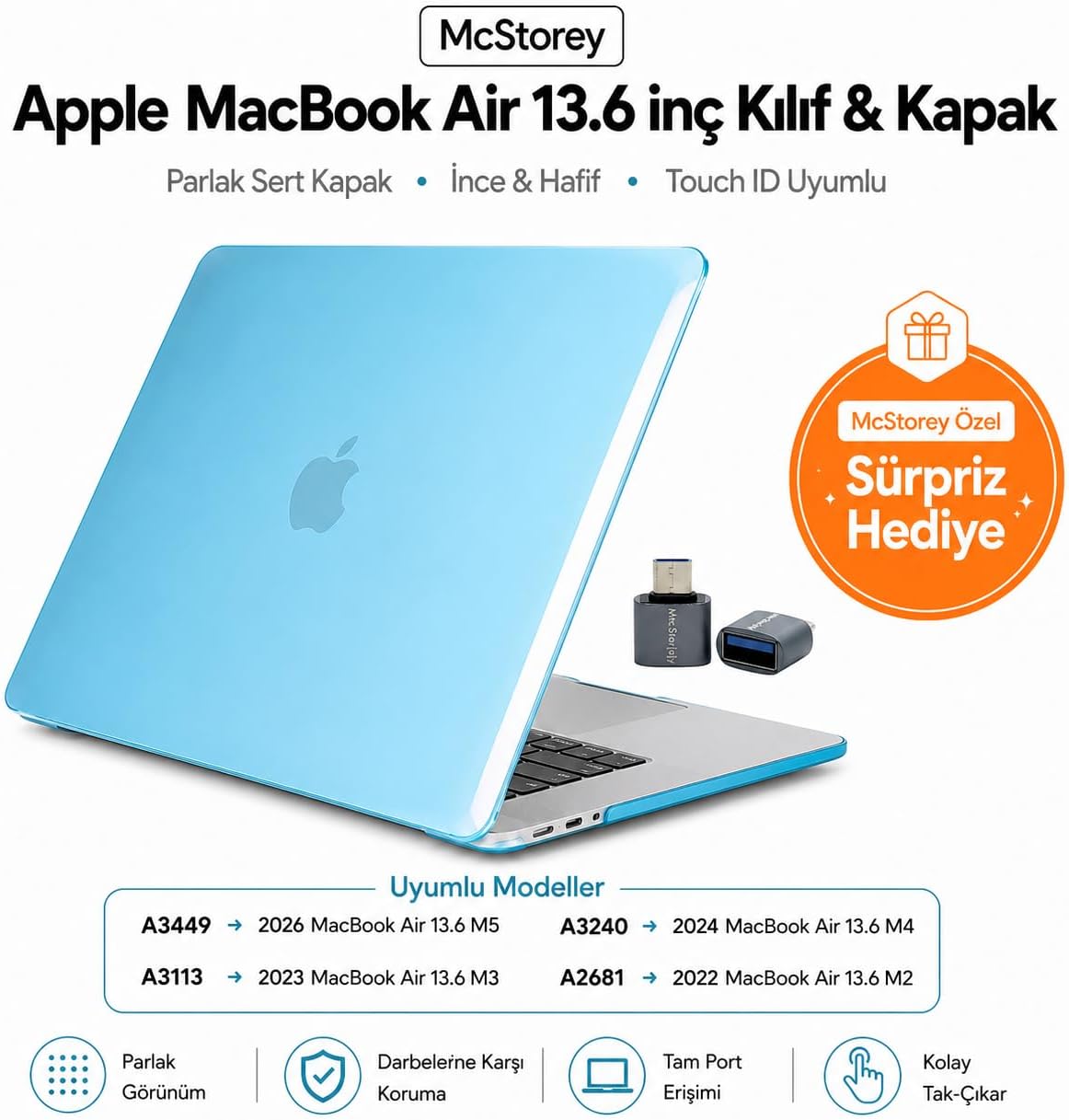 MacBook Air 13.6 inç M2 M3 M4 M5 Uyumlu Sert Kılıf | Ultra Şeffaf Hard Case – A2681 A3113 A3240 A3449 Tam Uyum İnce Hafif Koruma Açık Mavi