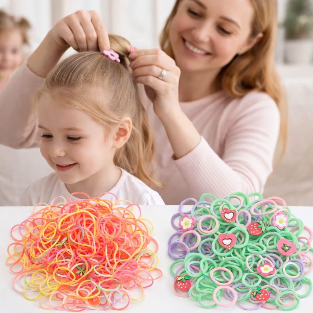 Asorti Renk ve Model Mini Saç Tokası Seti – 4 Paket Şeffaf Çanta ve Şişe Tasarımlı Kutuda Lastik Toka, Çocuklar ve Kız Çocukları İçin, Karışık Neon Renklerde Yumuşak Elastik Saç Lastiği