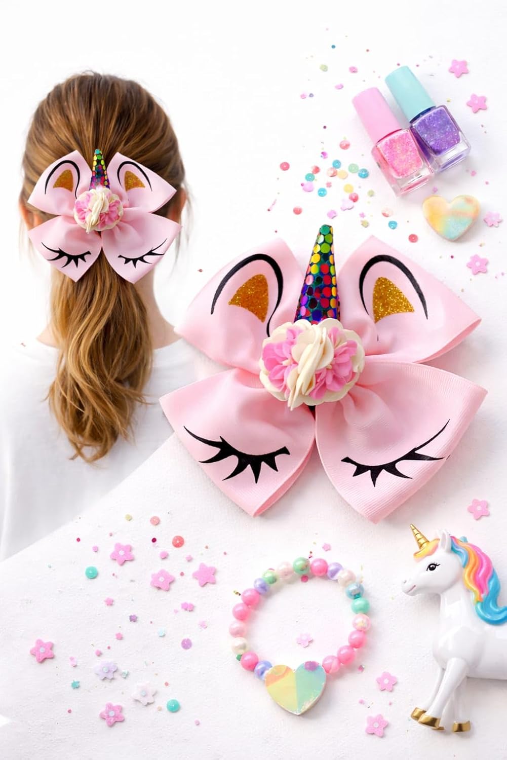 Pembe Unicorn Saç Tokası, Pullu Boynuz Detaylı, Çiçek Süslemeli, Kız Çocuk Saç Aksesuarı