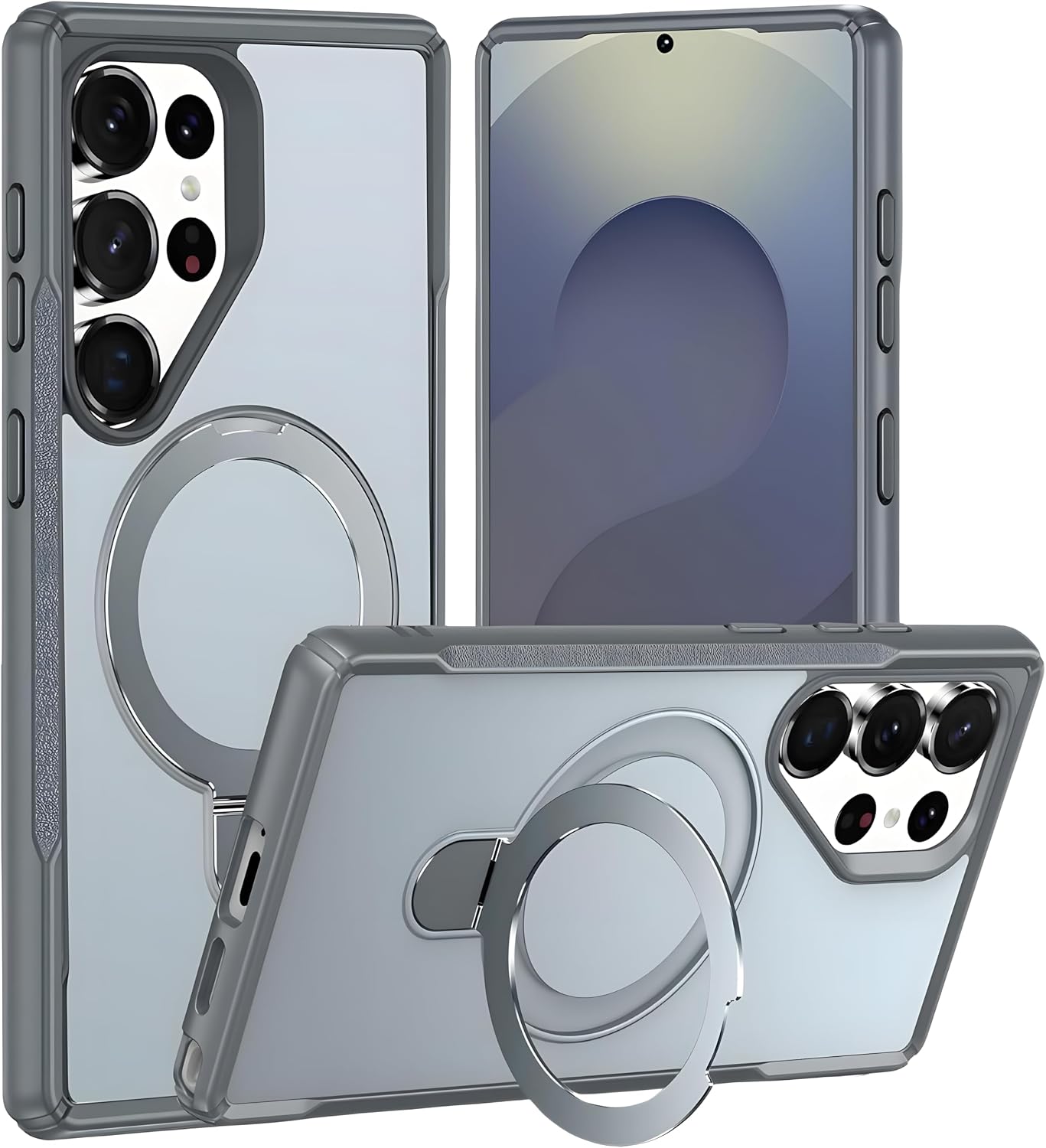 [Mag-Military] Samsung Galaxy S25 Ultra için Kılıf Katlanabilir Halka Stantlı [MagSafe ile Uyumlu] S25 Ultra Kılıfı PC+TPU Hybrid Tasarım Güçlü Manyetikli Samsung S25 Ultra Kılıf (Gri)