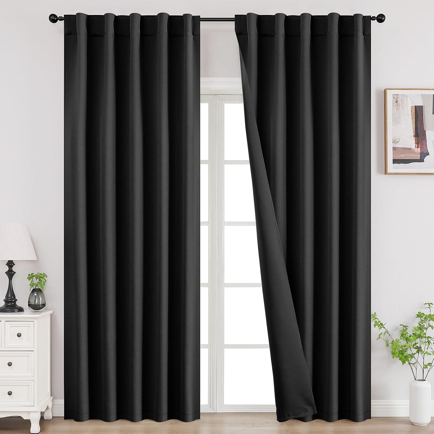 Yatak Odası için 225 cm Perdeler, Karartma Perdeleri 225 cm Uzunluğunda, Oda Karartma Perdeleri ve Oturma Odası Pencere Çubuğu Cep Arka Sekmesi (G132 x U 227 cm, Siyah)