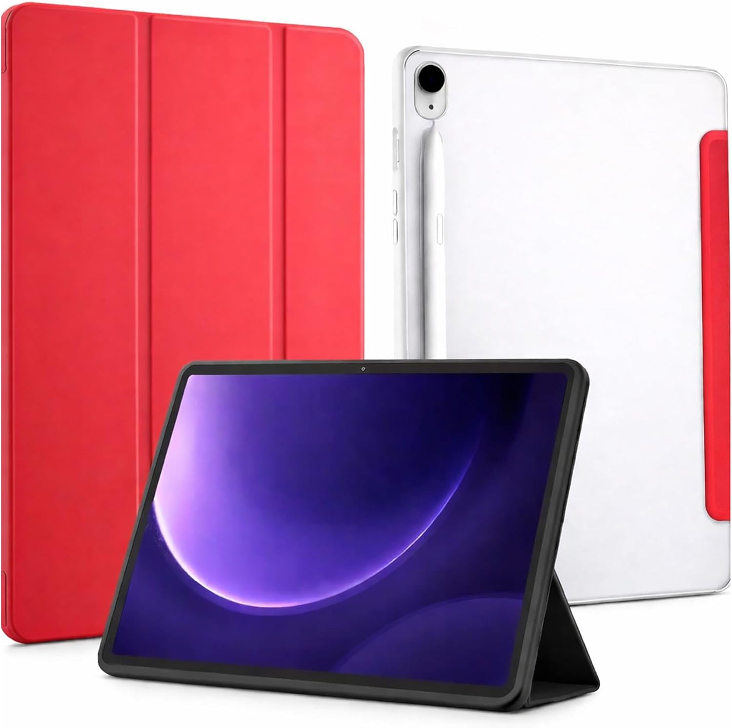 Samsung Galaxy Tab S8 Plus ile uyumlu Tablet Kılıfı Şeffaf Arka Kapak Smart Cover Katlanabilir Standlı Kalem Yuvalı Darbe Emici Koruyucu Tablet Kılıfı Akıllı Uyku Özellikli Kırmızı