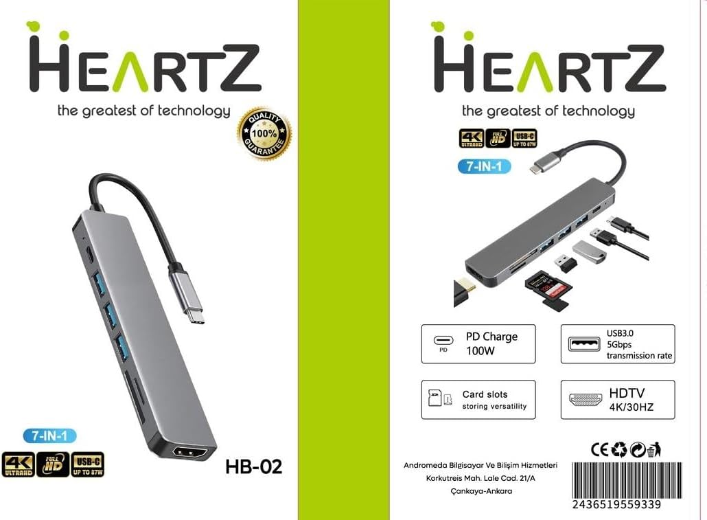 HB-02 7in1 hdmi usb c type c hafıza kartı micro kart okuyucu hub 4k a kalite metal