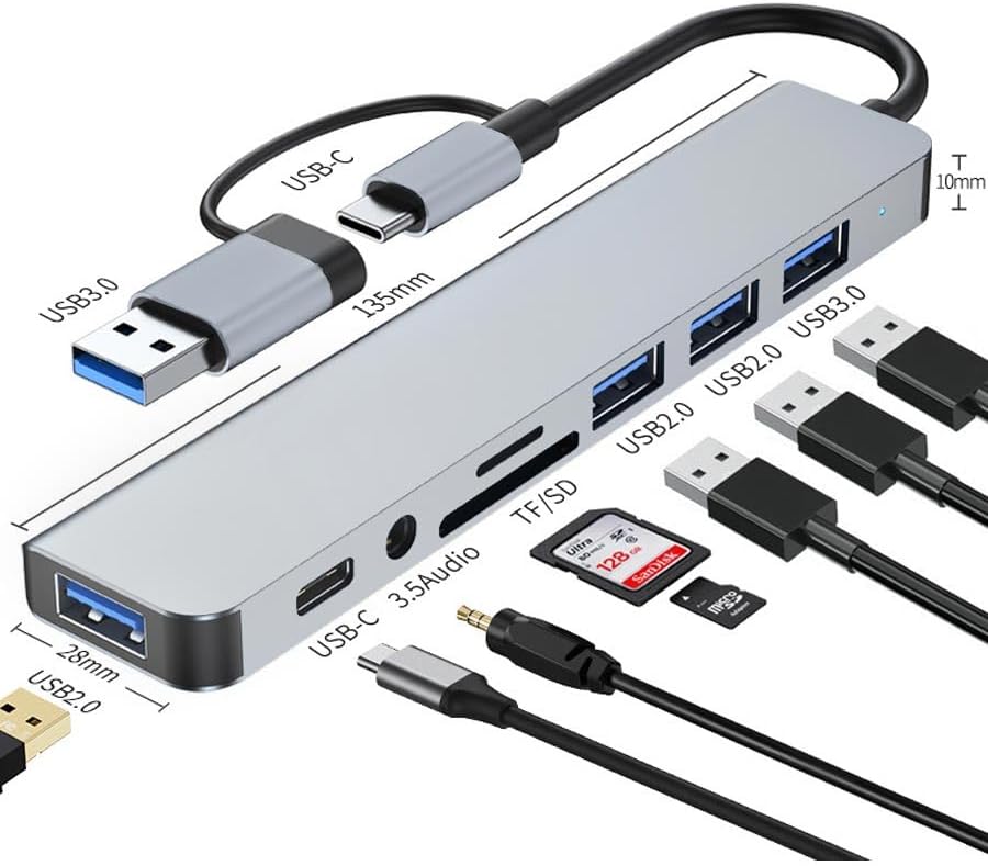MT96 OTG Kablolu Çoklayıcı Type-C USB Girişli 8in1 Adaptör Hub Çoğaltıcı Kart Okuyucu Aux