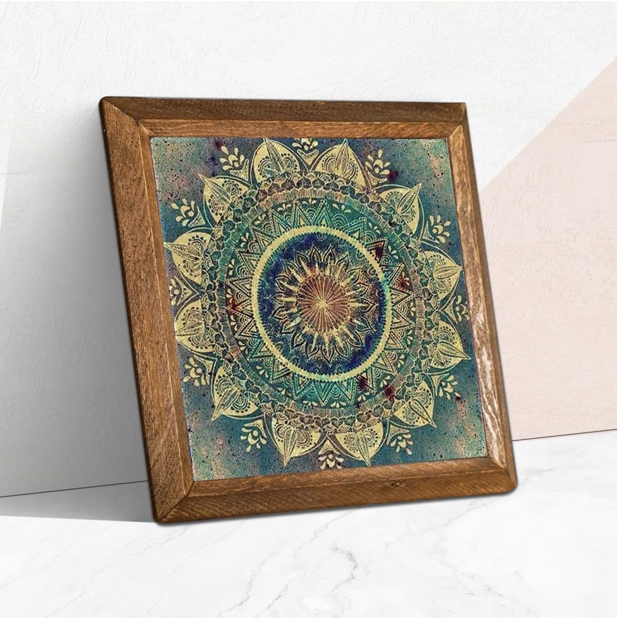 Pinecone Mandala Taş Duvar Tablosu - Ahşap Çerçeveli Taş Tablo - 25x25 cm - Dekoratif Duvar Sanatı - Modern Ev ve Ofis Duvar Dekoru W1-231