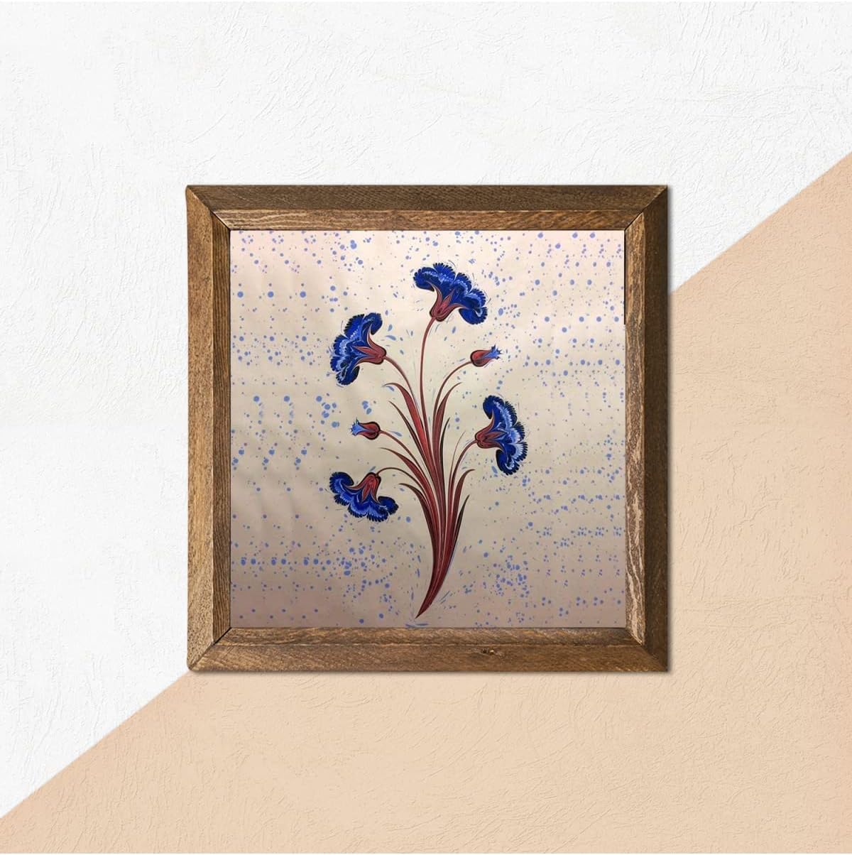 Pinecone Ebru Sanatı Taş Duvar Tablosu Ahşap Çerçeveli Duvar Dekoru Wall Art 25x25cm W1-242