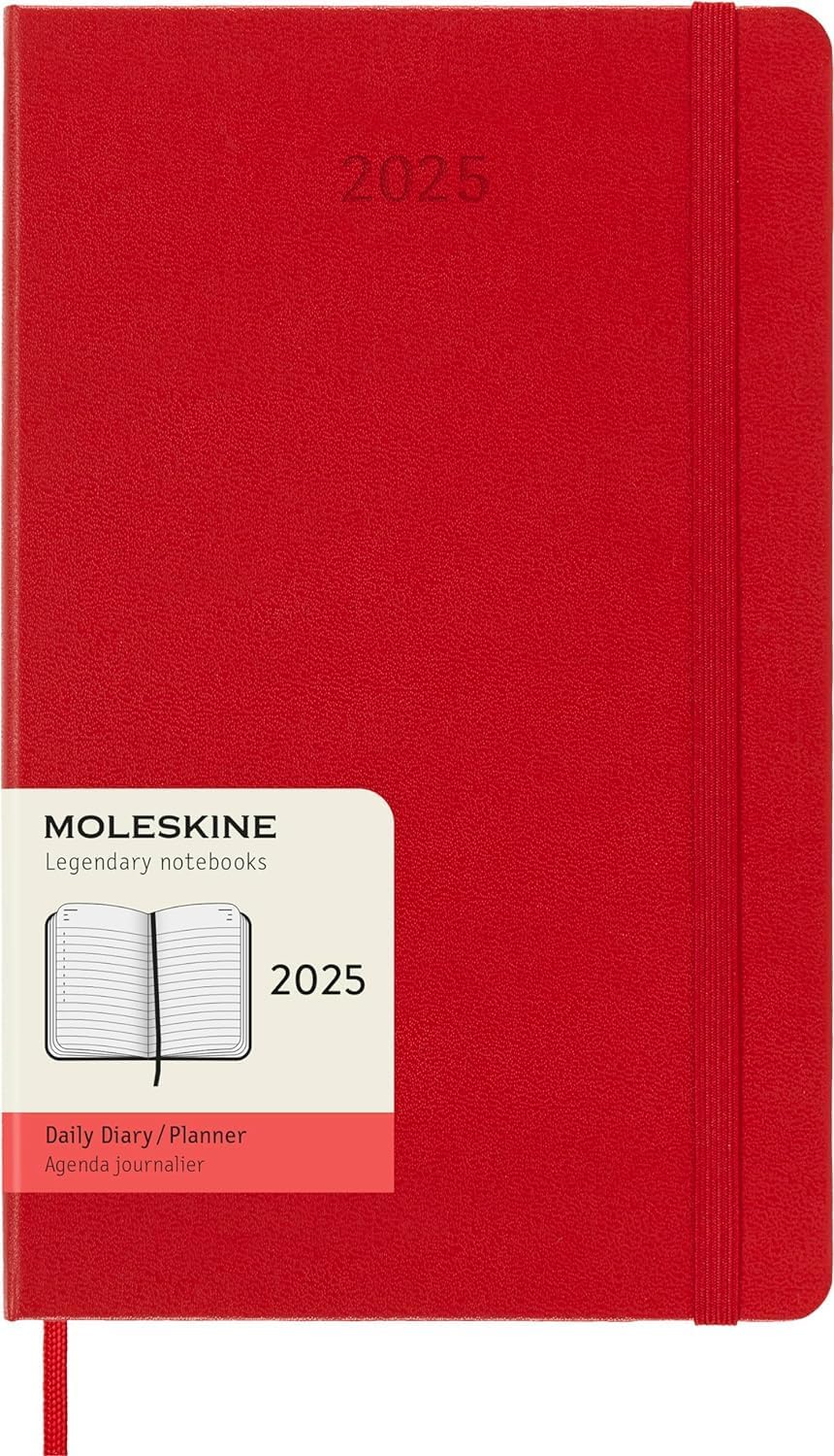Günlük planlayıcı, 12 aylık günlük planlayıcı 2025, sabit kapak ve elastik kilit, renk kızıl kırmızı, büyük format 13 x 21 cm