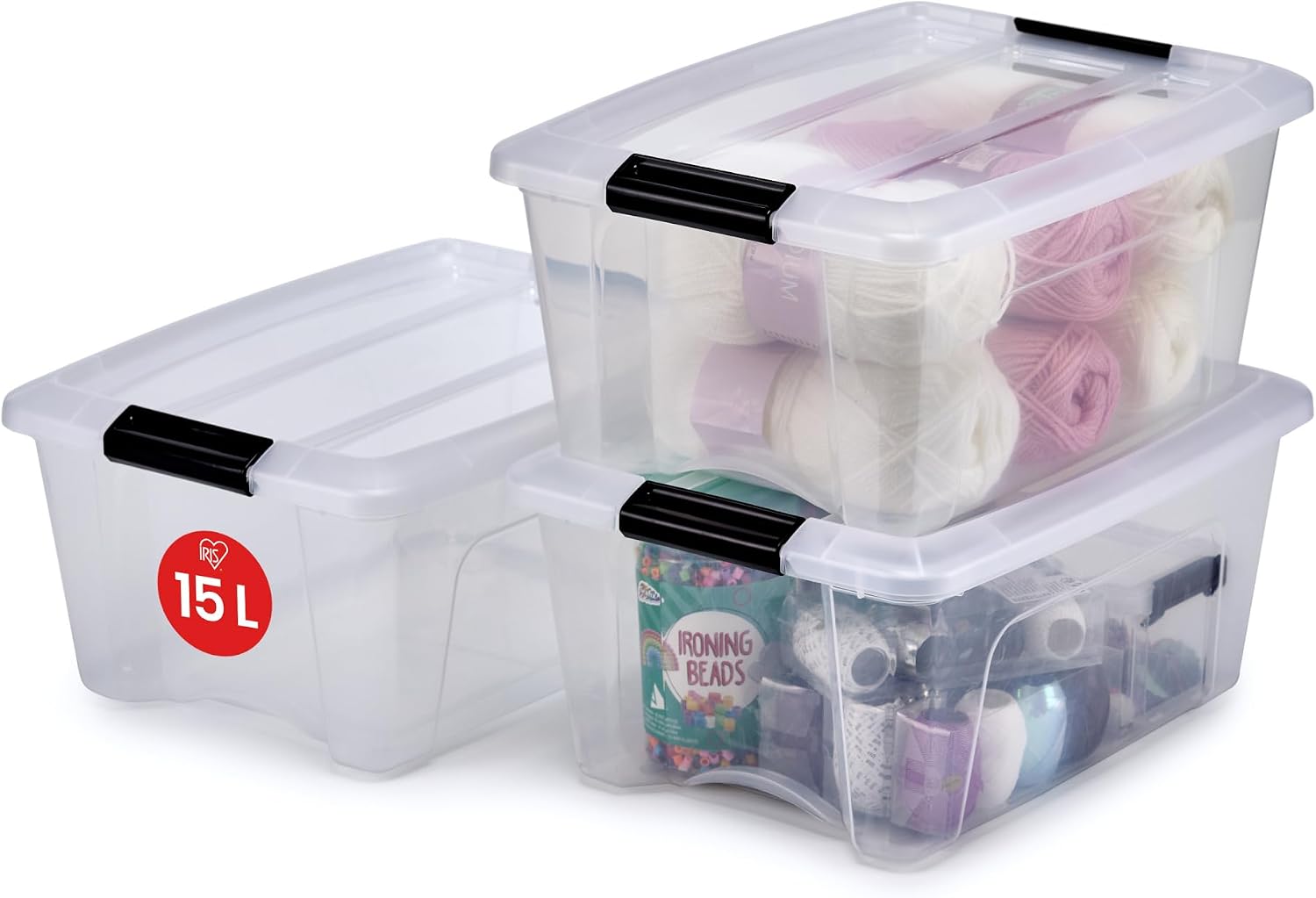 3'lü set istiflenebilir saklama kutusu, klik kilitli – New Top Box NTB-15 – plastik, şeffaf, 3 x 15 l, U 39,5 x G 29 x Y 18,6 cm