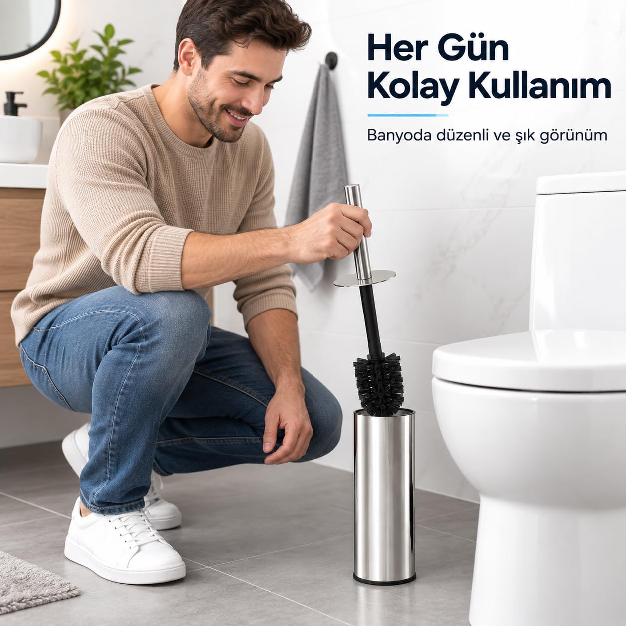 Paslanmaz Çelik Tuvalet Fırçası, Kapaklı WC Fırçası Seti, Gümüş Renk, Modern Banyo ve Tuvalet Aksesuarı, Tuvalet Fırçası