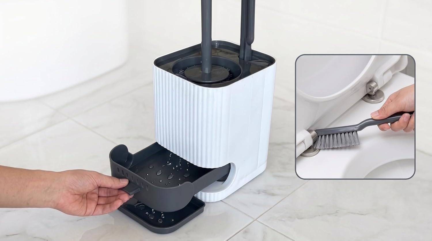 Çift Fırçalı WC Fırçası Seti, Temizleme Çekmeceli, Duvara Asılabilir, Delme Gerektirmez